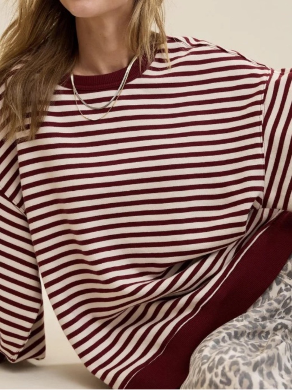 Aerie Très Chic Striped Oversized Sweatshirt Deep Cherry Large